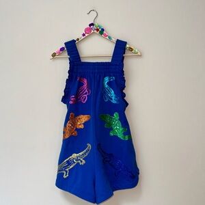 QUEEN OF SPARKLES Blue Jumpsuit with Colorful Sequin Alligators